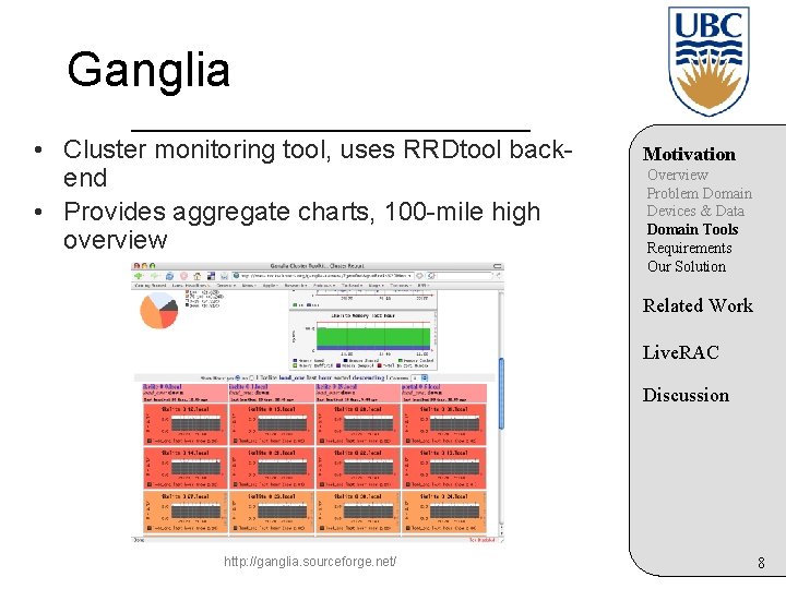 Ganglia • Cluster monitoring tool, uses RRDtool backend • Provides aggregate charts, 100 -mile