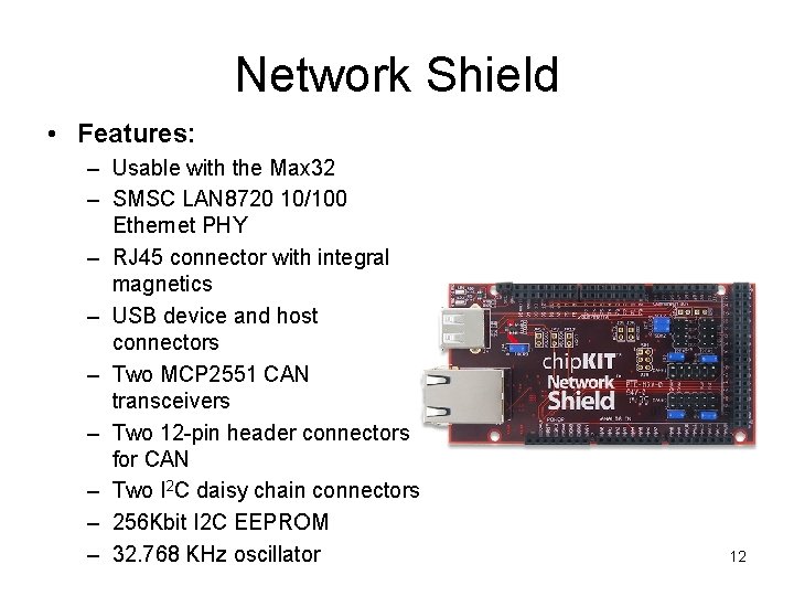Network Shield • Features: – Usable with the Max 32 – SMSC LAN 8720