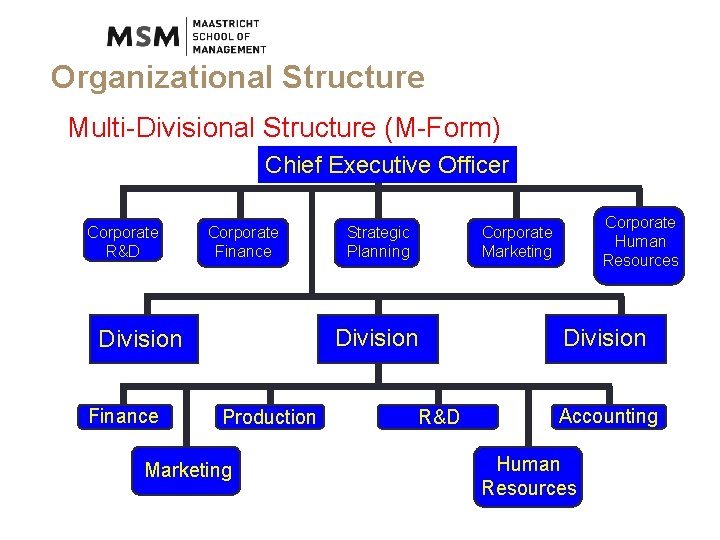 Organizational Structure Multi-Divisional Structure (M-Form) Chief Executive Officer Corporate R&D Corporate Finance Production Marketing