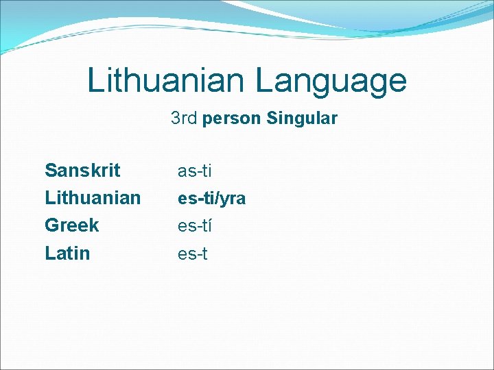 Lithuanian Language 3 rd person Singular Sanskrit Lithuanian Greek Latin as-ti es-ti/yra es-tí es-t