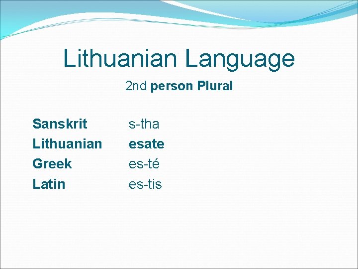 Lithuanian Language 2 nd person Plural Sanskrit Lithuanian Greek Latin s-tha esate es-té es-tis