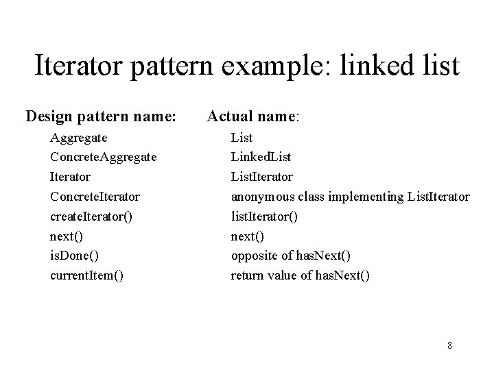 Iterator pattern example: linked list Design pattern name: Aggregate Concrete. Aggregate Iterator Concrete. Iterator