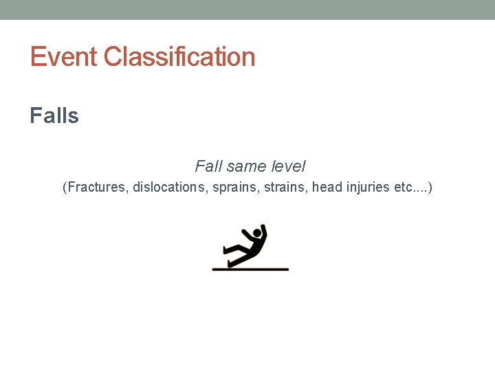 Event Classification Falls Fall same level (Fractures, dislocations, sprains, strains, head injuries etc. .