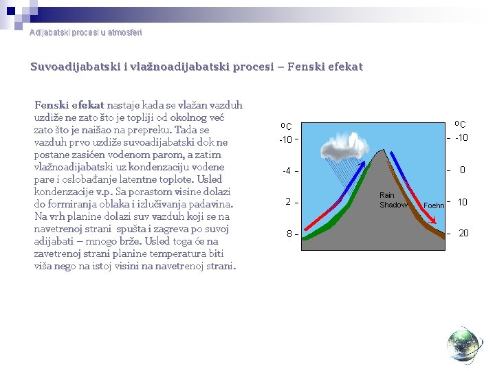 Adijabatski procesi u atmosferi Suvoadijabatski i vlažnoadijabatski procesi – Fenski efekat nastaje kada se