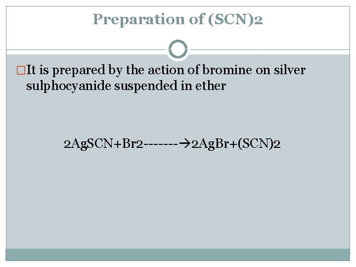Preparation of (SCN)2 �It is prepared by the action of bromine on silver sulphocyanide
