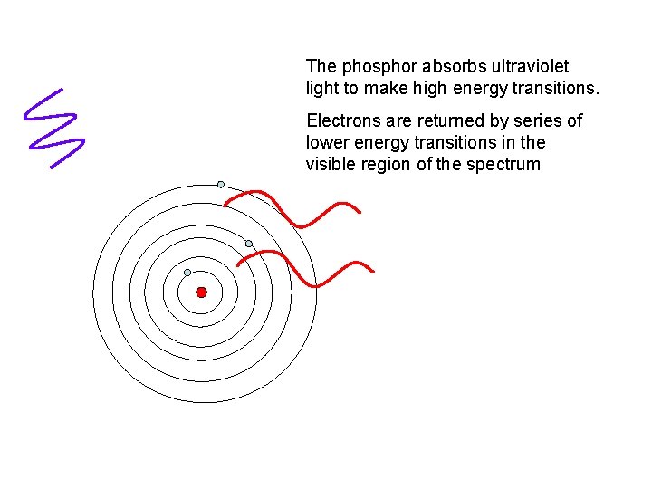 The phosphor absorbs ultraviolet light to make high energy transitions. Electrons are returned by