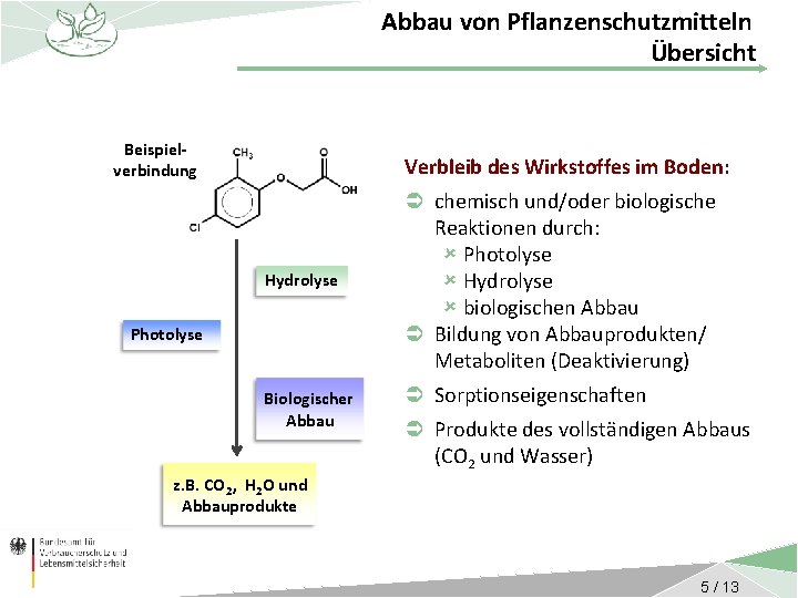 Abbau von Pflanzenschutzmitteln Übersicht Beispielverbindung Verbleib des Wirkstoffes im Boden: Hydrolyse Photolyse Biologischer Abbau