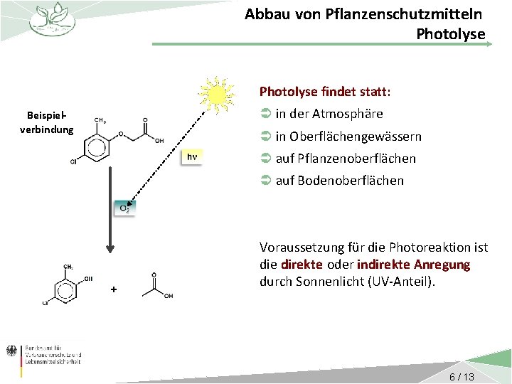 Abbau von Pflanzenschutzmitteln Photolyse findet statt: Ü in der Atmosphäre Beispielverbindung Ü in Oberflächengewässern