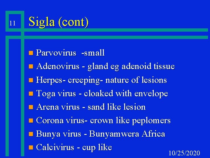 11 Sigla (cont) Parvovirus -small n Adenovirus - gland eg adenoid tissue n Herpes-