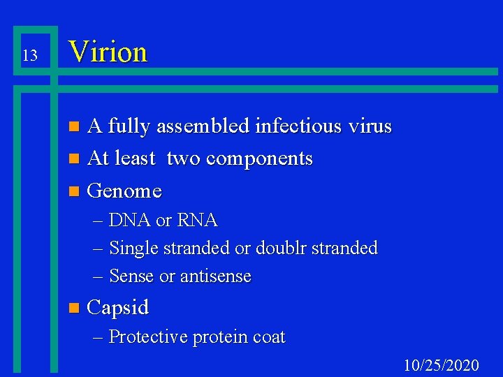 13 Virion A fully assembled infectious virus n At least two components n Genome