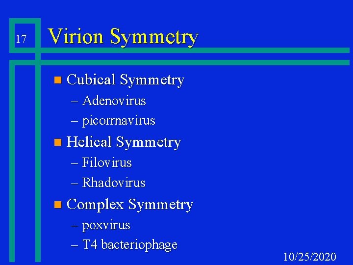 17 Virion Symmetry n Cubical Symmetry – Adenovirus – picorrnavirus n Helical Symmetry –