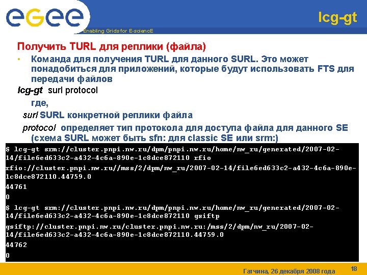 lcg-gt Enabling Grids for E-scienc. E Получить TURL для реплики (файла) • Команда для