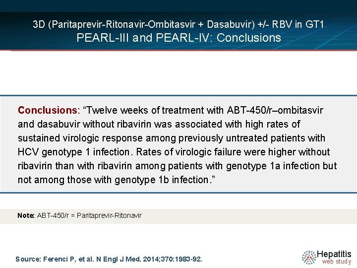 3 D (Paritaprevir-Ritonavir-Ombitasvir + Dasabuvir) +/- RBV in GT 1 PEARL-III and PEARL-IV: Conclusions: 3 D (Paritaprevir-Ritonavir-Ombitasvir + Dasabuvir) +/- RBV in GT 1 PEARL-III and PEARL-IV: Conclusions: