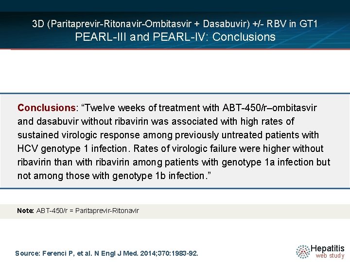 3 D (Paritaprevir-Ritonavir-Ombitasvir + Dasabuvir) +/- RBV in GT 1 PEARL-III and PEARL-IV: Conclusions: