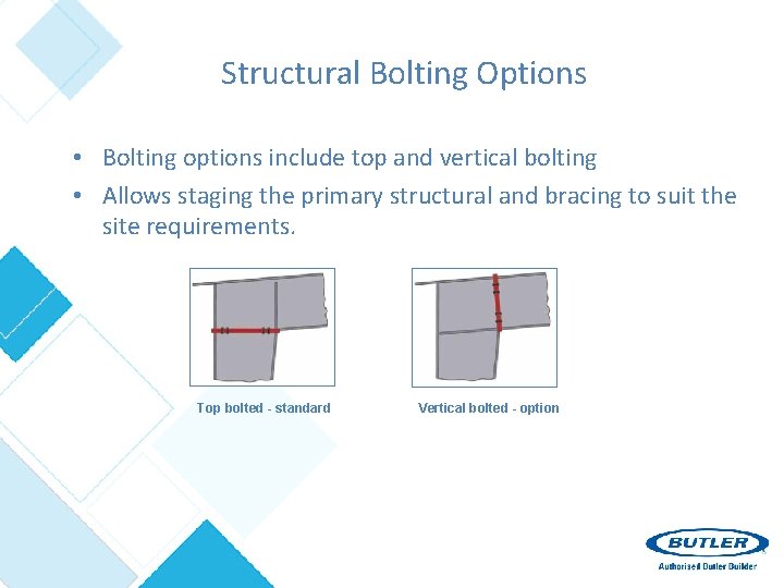 Structural Bolting Options • Bolting options include top and vertical bolting • Allows staging