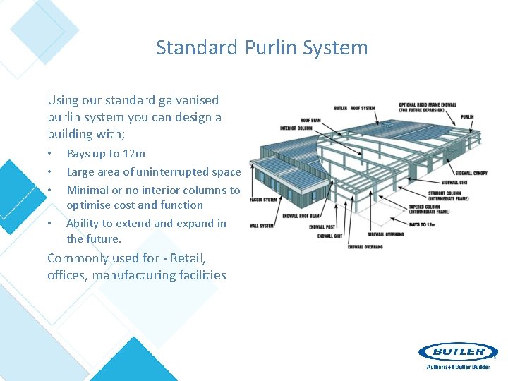 Standard Purlin System Using our standard galvanised purlin system you can design a building