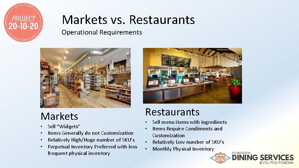 Markets vs. Restaurants Operational Requirements Markets • • Sell “Widgets” Items Generally do not