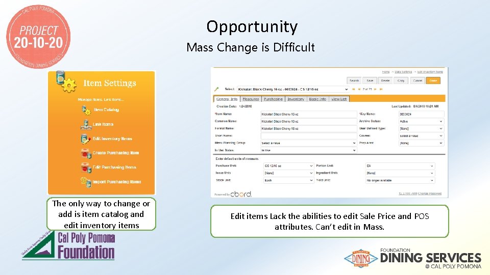 Opportunity Mass Change is Difficult The only way to change or add is item