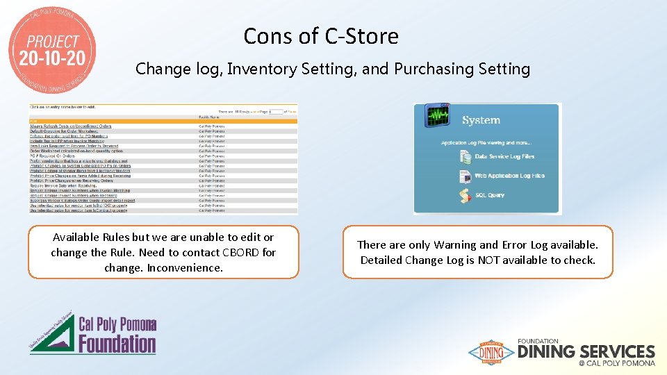 Cons of C-Store Change log, Inventory Setting, and Purchasing Setting Available Rules but we