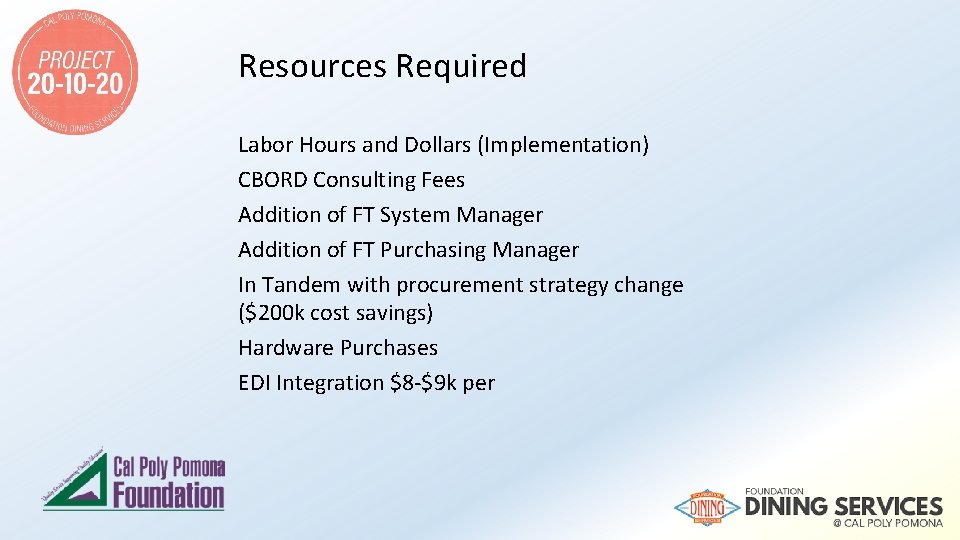 Resources Required Labor Hours and Dollars (Implementation) CBORD Consulting Fees Addition of FT System