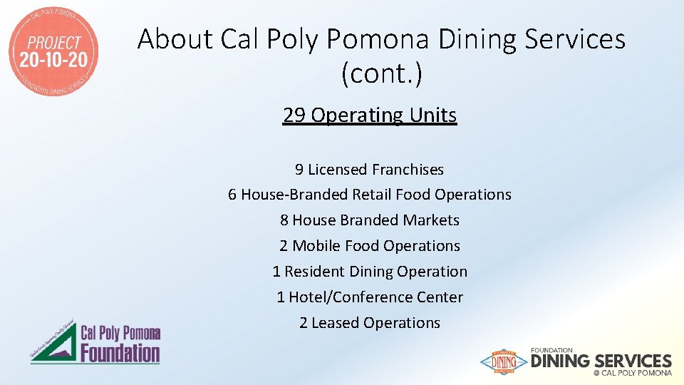 About Cal Poly Pomona Dining Services (cont. ) 29 Operating Units 9 Licensed Franchises