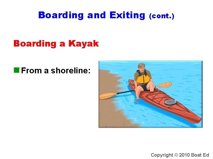 Boarding and Exiting (cont. ) Boarding a Kayak n From a shoreline: Copyright ©