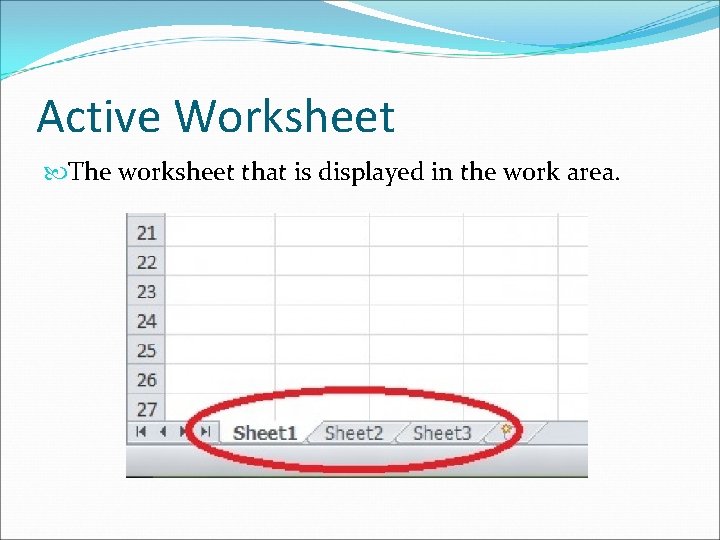 Active Worksheet The worksheet that is displayed in the work area. 
