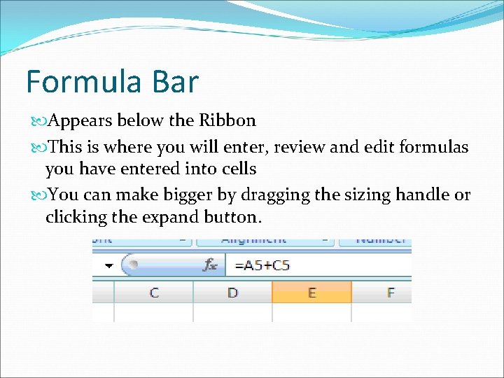 Formula Bar Appears below the Ribbon This is where you will enter, review and