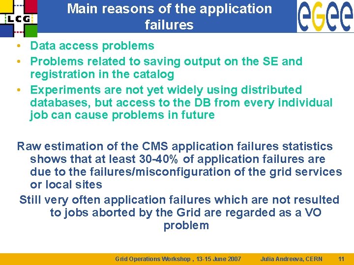Main reasons of the application failures • Data access problems • Problems related to