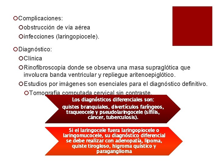 ¡Complicaciones: ¡obstrucción de vía aérea ¡infecciones (laringopiocele). ¡Diagnóstico: ¡Clínica ¡Rinofibroscopia donde se observa una