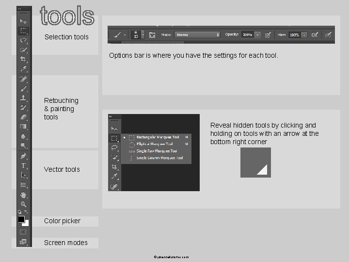 Selection tools Options bar is where you have the settings for each tool. Retouching