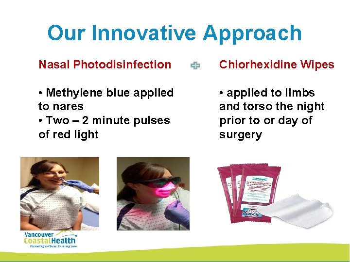 Our Innovative Approach Nasal Photodisinfection Chlorhexidine Wipes • Methylene blue applied to nares •