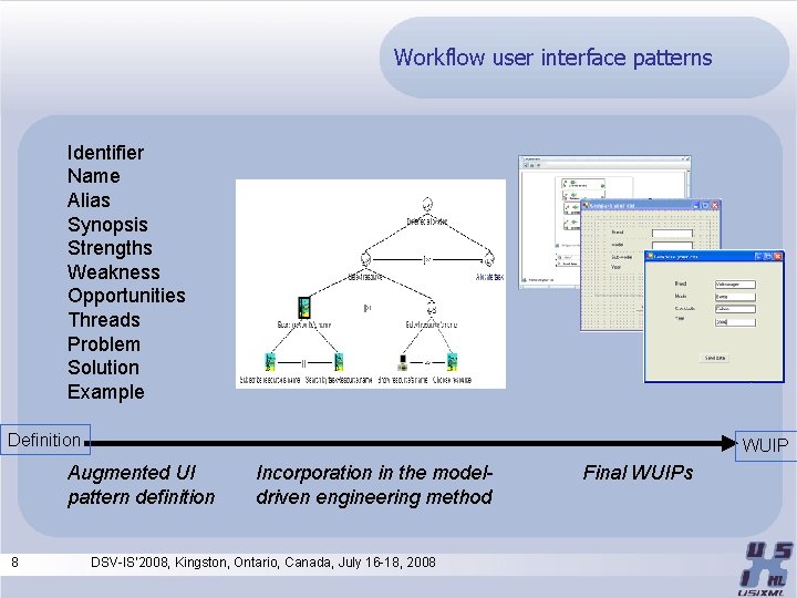 Workflow user interface patterns Identifier Name Alias Synopsis Strengths Weakness Opportunities Threads Problem Solution