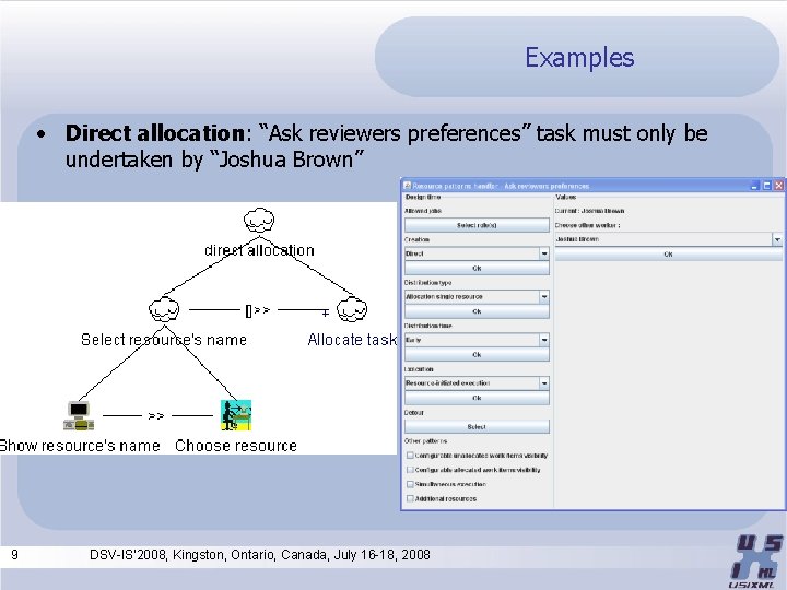 Examples • Direct allocation: “Ask reviewers preferences” task must only be undertaken by “Joshua