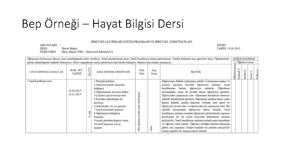 Bep Örneği – Hayat Bilgisi Dersi 