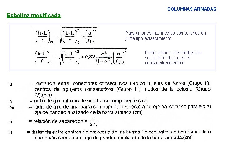 COLUMNAS ARMADAS Esbeltez modificada Para uniones intermedias con bulones en junta tipo aplastamiento Para