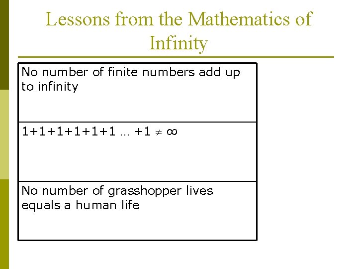 Lessons from the Mathematics of Infinity No number of finite numbers add up to