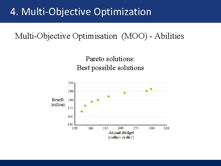 4. Multi-Objective Optimization Multi-Objective Optimisation (MOO) - Abilities Pareto solutions: Best possible solutions 
