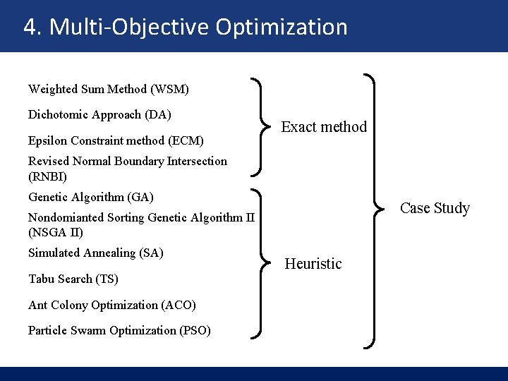 4. Multi-Objective Optimization Weighted Sum Method (WSM) Dichotomic Approach (DA) Epsilon Constraint method (ECM)