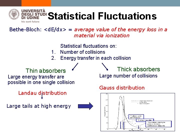 Statistical Fluctuations Bethe-Bloch: <d. E/dx> = average value of the energy loss in a