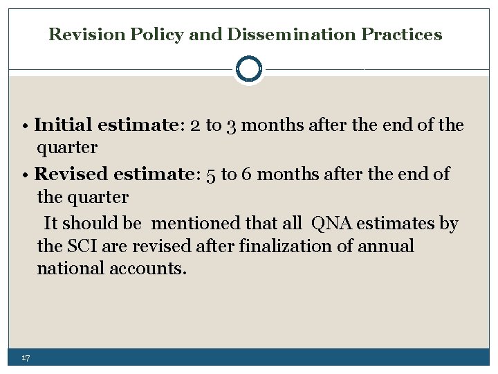 Revision Policy and Dissemination Practices • Initial estimate: 2 to 3 months after the