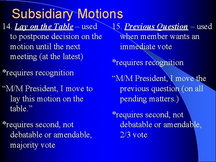 Subsidiary Motions 14. Lay on the Table – used to postpone decision on the