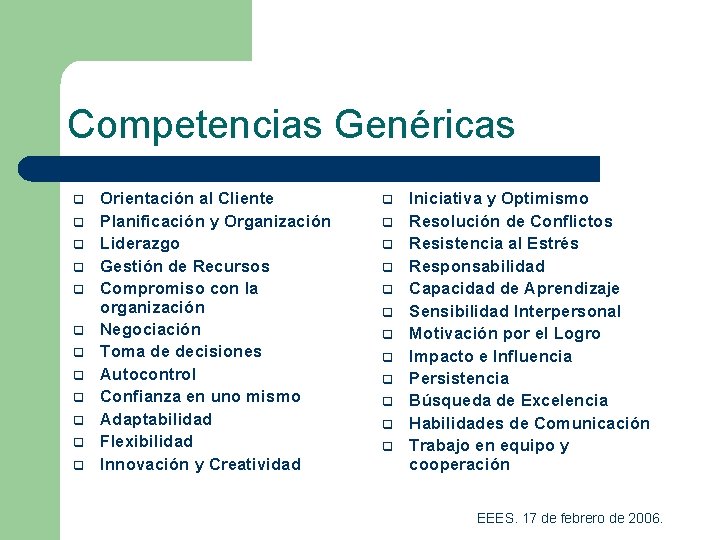 Competencias Genéricas q q q Orientación al Cliente Planificación y Organización Liderazgo Gestión de