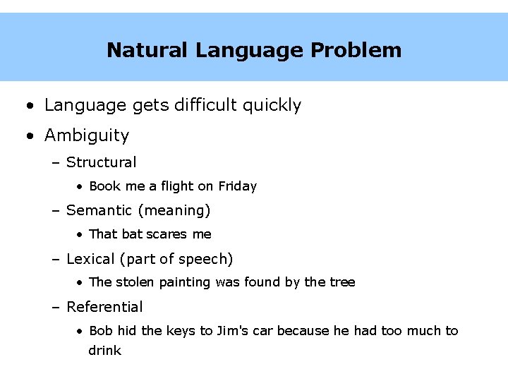 Natural Language Problem • Language gets difficult quickly • Ambiguity – Structural • Book