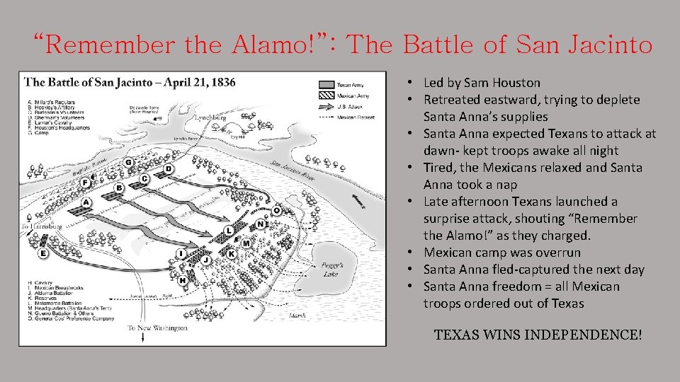 “Remember the Alamo!”: The Battle of San Jacinto • Led by Sam Houston •