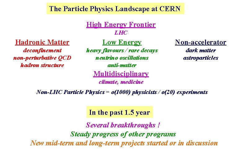 The Particle Physics Landscape at CERN High Energy Frontier LHC Hadronic Matter Low Energy