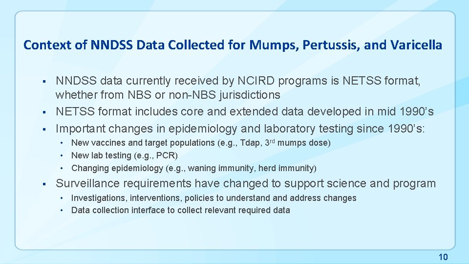Context of NNDSS Data Collected for Mumps, Pertussis, and Varicella § § § NNDSS