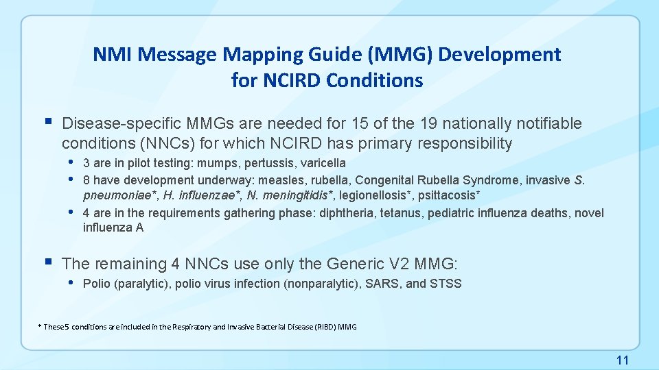 NMI Message Mapping Guide (MMG) Development for NCIRD Conditions § Disease-specific MMGs are needed