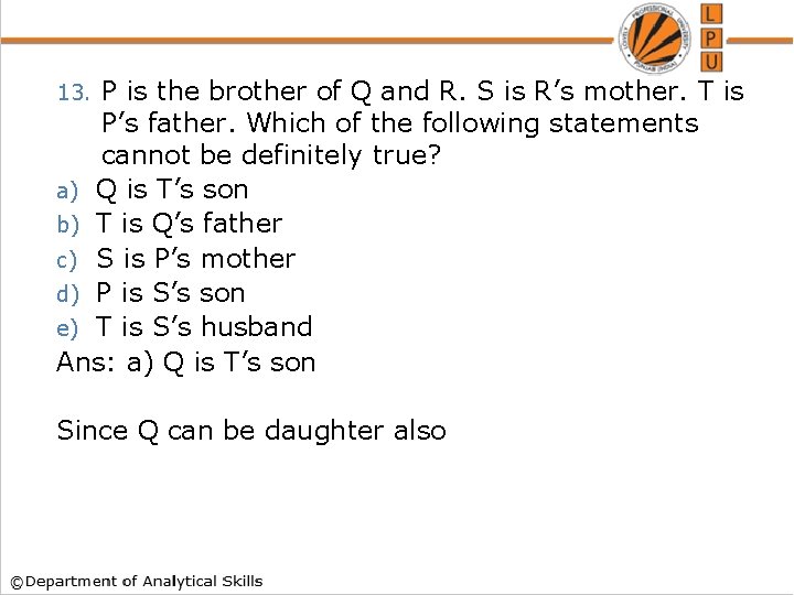 P is the brother of Q and R. S is R’s mother. T is