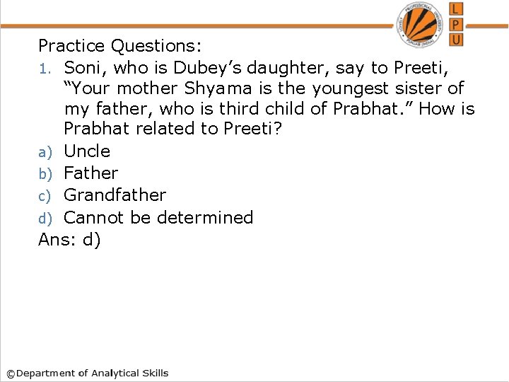 Practice Questions: 1. Soni, who is Dubey’s daughter, say to Preeti, “Your mother Shyama